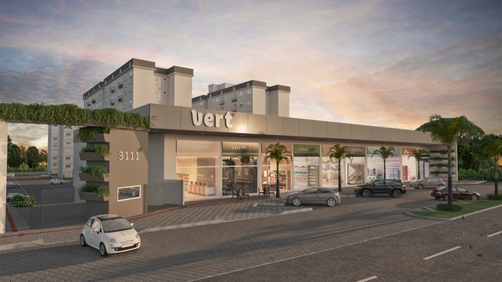Fachada do Vert Condomínio Clube, com letreiro Vert e área comercial